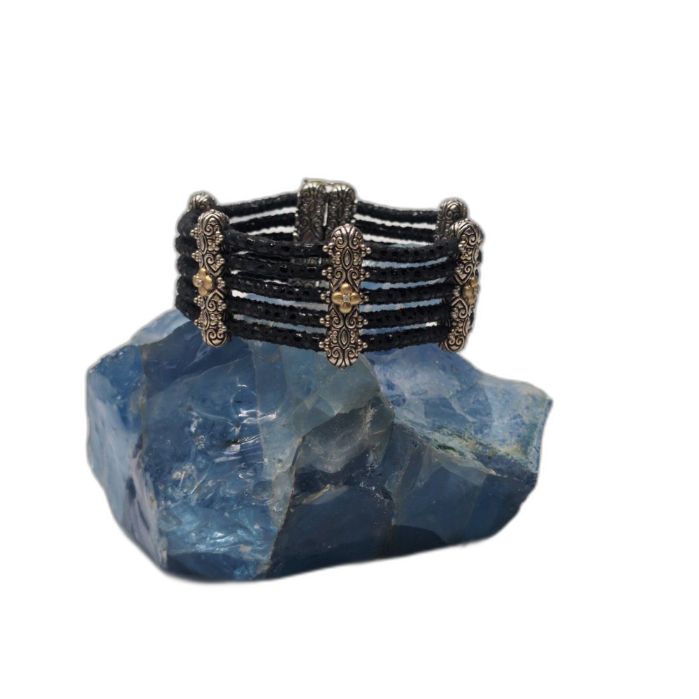 Barbara Bixby 925 Sterling Silver White Topaz Multi-Row Black Leather Bracelet